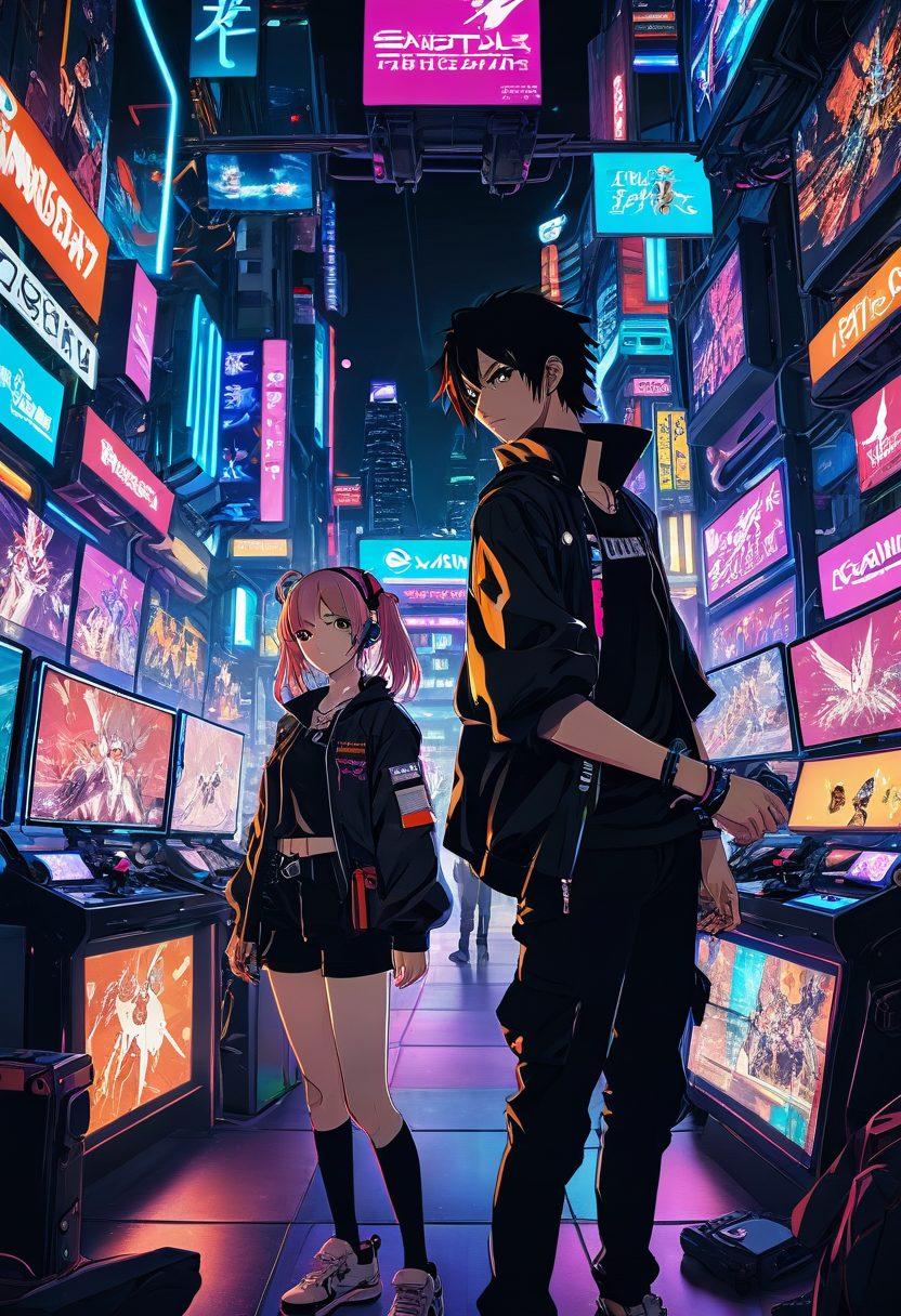 A vibrant collage depicting characters from various anime styles immersed in an interactive game environment, with elements of adult gaming and hentai culture artistically blended. Include bright neon colors, bold outlines, and dynamic poses that exude action and allure. The background should feature gaming consoles and immersive virtual landscapes, giving a sense of depth and engagement. Add intricate details in the characters’ designs to reflect diversity in anime aesthetics. cyberpunk. vibrant colors. dynamic composition.